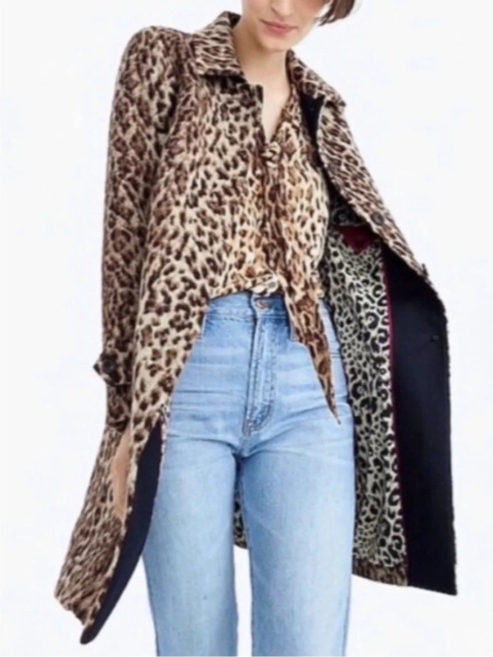 JCREW Brown Double Leopard Print Wool Coat H2734 Animal Print Women’s Size 2 - Picture 3 of 15